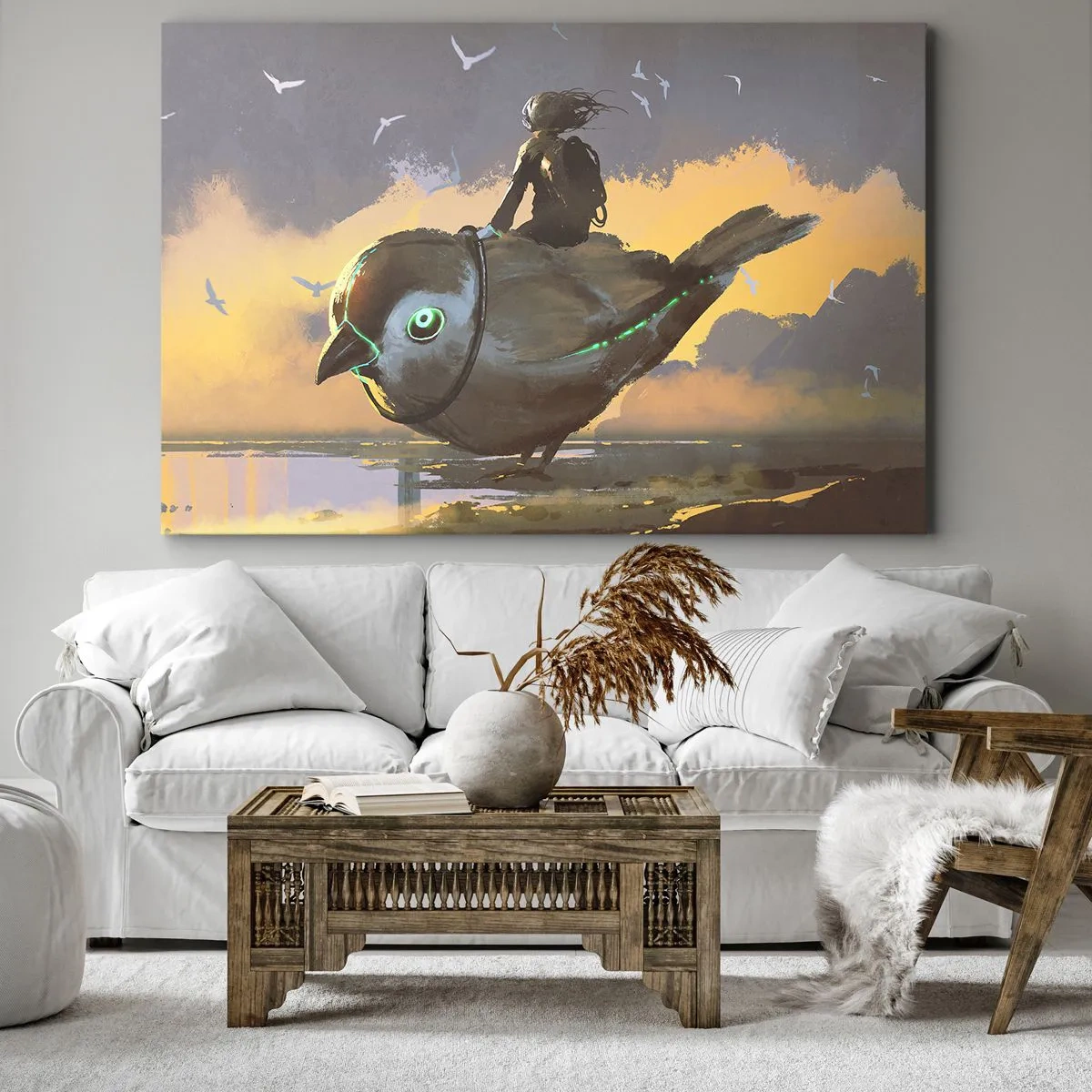 Quadro em tela - Cavaleiro em um pássaro gigante em uma paisagem surreal - 70x50cm - Uma parada numa viagem fantástica - Decoração de parede moderna para a sala de estar e quarto ARTTOR