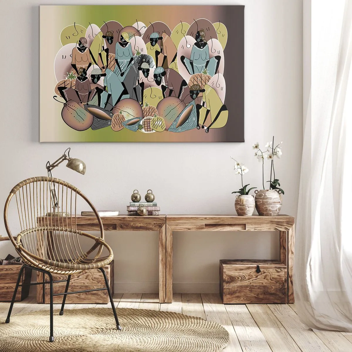 Quadro em tela - Uma composição abstrata colorida inspirada na cultura africana - 70x50cm - Uma grande festa se aproxima - Decoração de parede moderna para a sala de estar e quarto ARTTOR