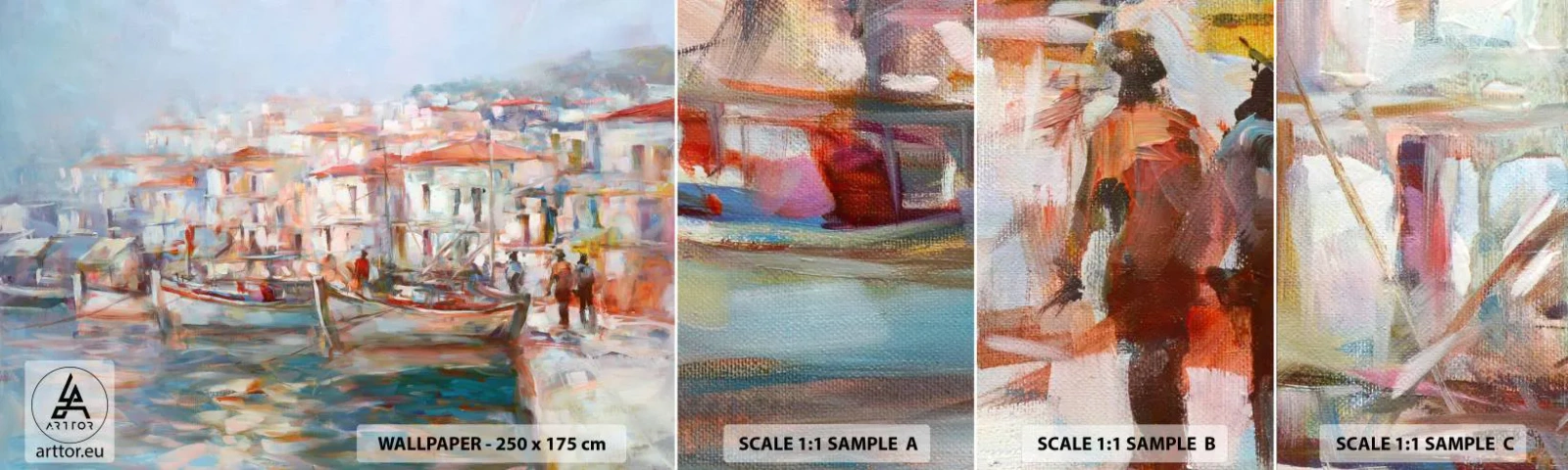 Amostra de Papel de Parede Standard Eco - Férias em pastel - Porto da cidade, Arquitetura, Barco de pesca - 100x30 cm