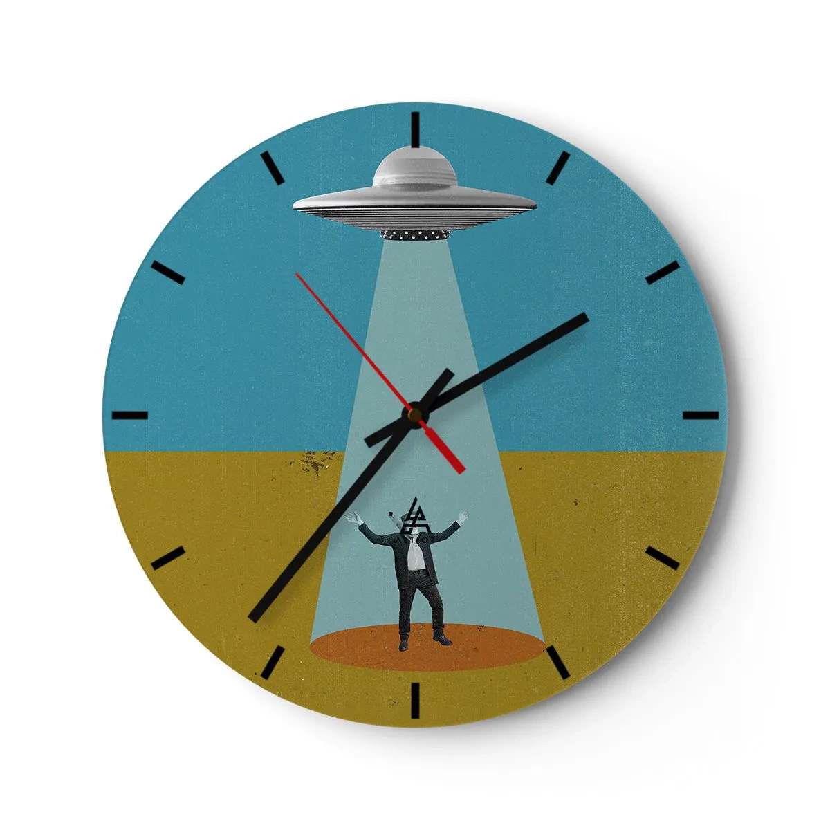 Relógio de parede - Relógio em vidro - Um homem iluminado por um feixe de OVNI contra um fundo desértico. - 30x30cm - Encontro próximo - Decoração de parede moderna para a sala de estar, cozinha e quarto ARTTOR