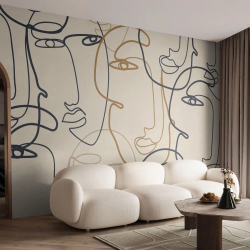 Papel de Parede Standard Eco - Contorno de faces desenhado com uma linha - 100x70cm - Retrato multiplicado - Decoração de parede moderna para a sala de estar e quarto ARTTOR