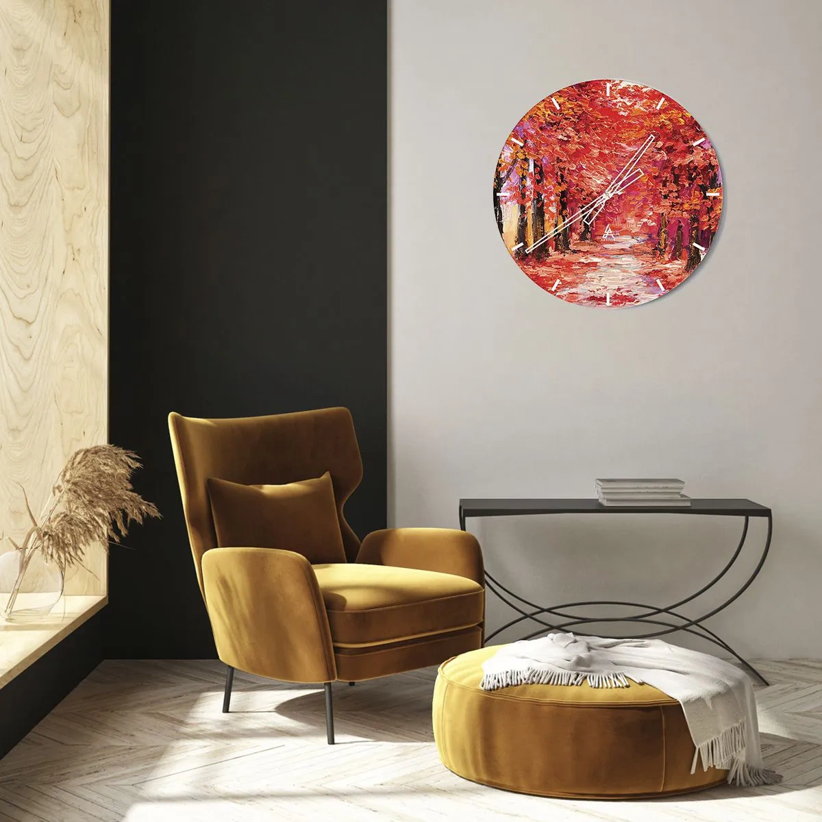 Relógio de parede - Relógio em vidro - Um beco outonal em tons intensos de vermelho - 30x30cm - Impressão de outono - Decoração de parede moderna para a sala de estar, cozinha e quarto ARTTOR