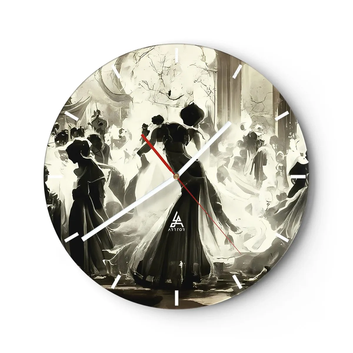 Relógio de parede - Relógio em vidro - Figuras mascaradas dançando em um interior elegante - 30x30cm - O grande baile de máscaras - Decoração de parede moderna para a sala de estar, cozinha e quarto ARTTOR