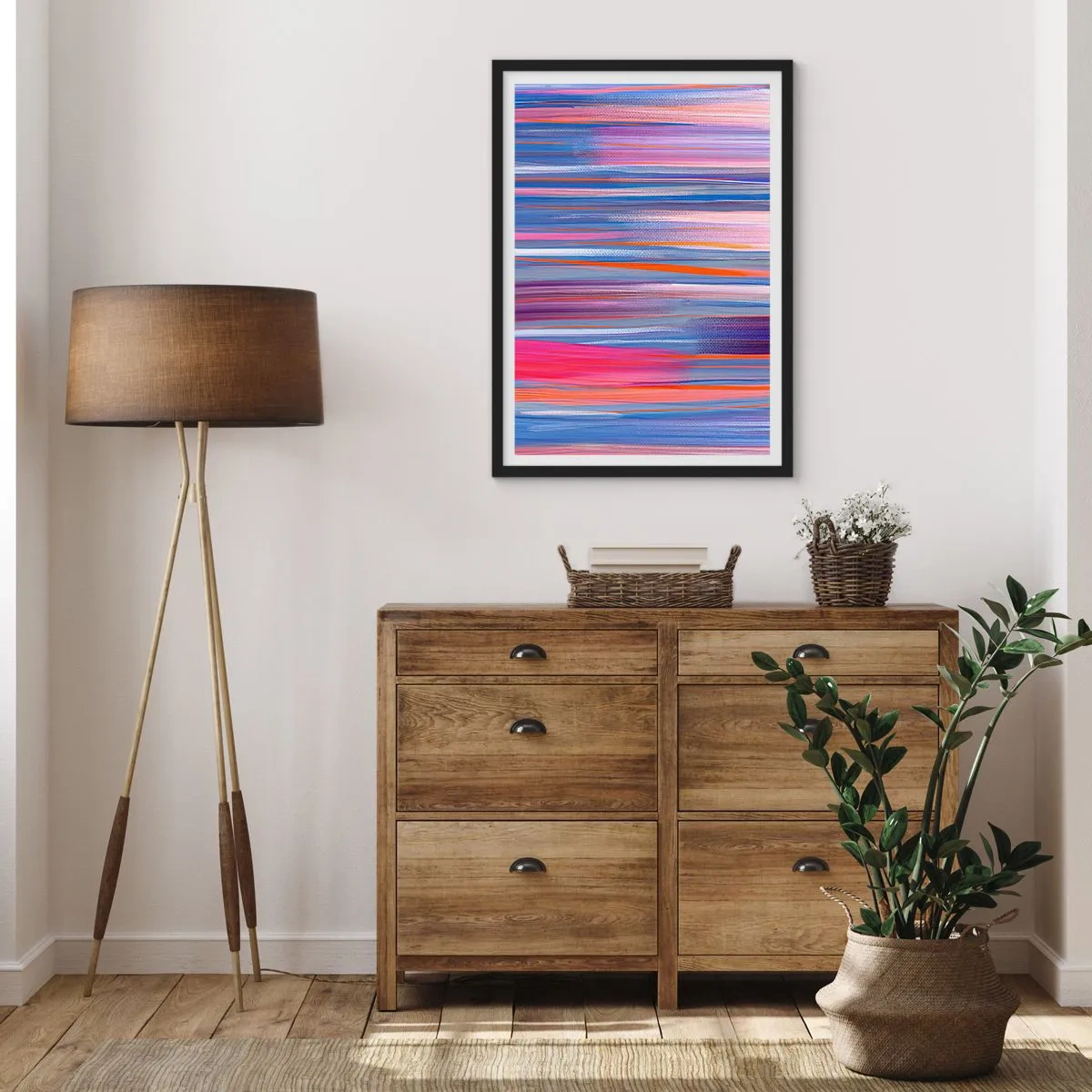 Pôster com moldura preta - Linhas horizontais abstratas em tons de azul e rosa - 50x70cm - Ascensão - Decoração de parede moderna para a sala de estar e quarto ARTTOR
