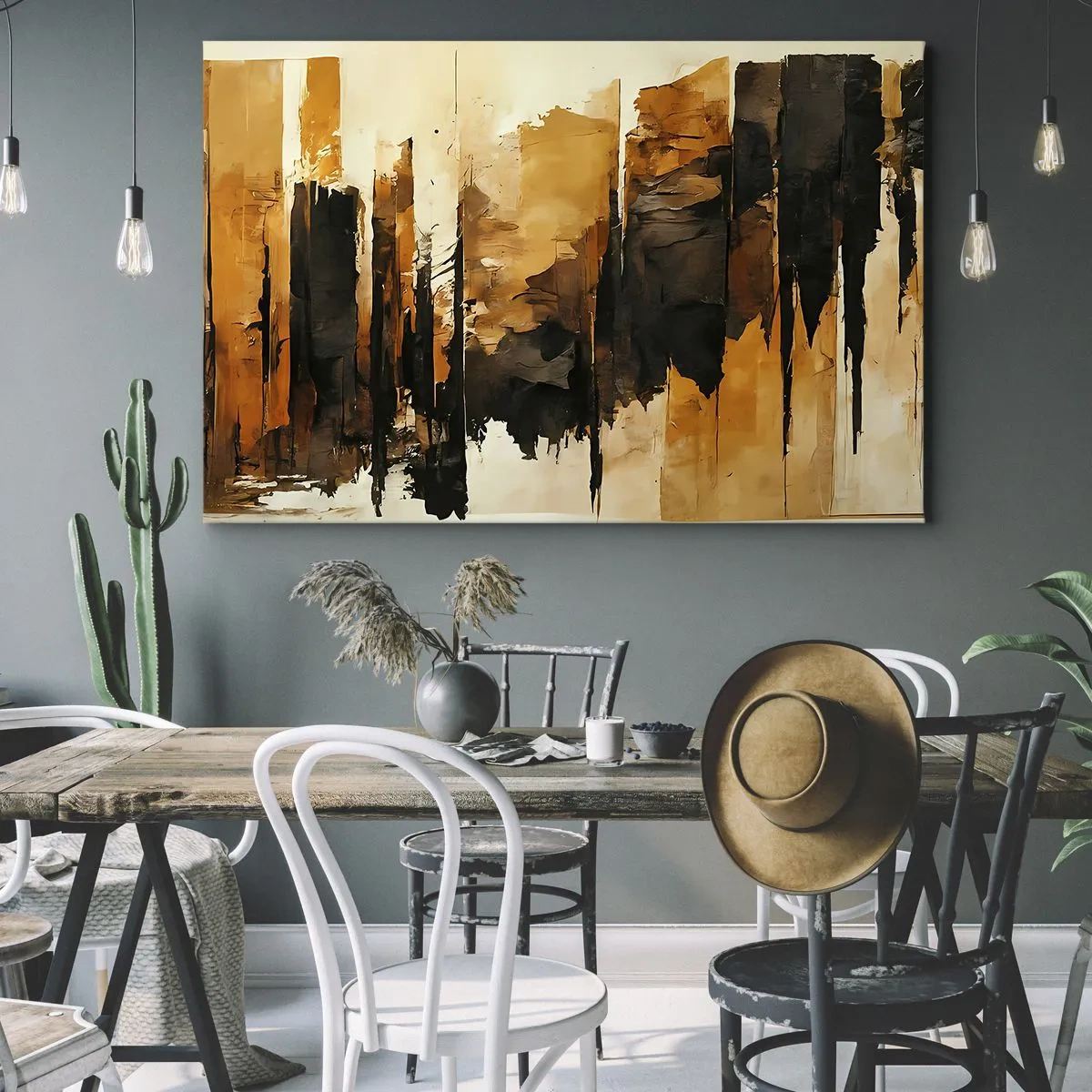 Quadro em tela - Listras abstratas douradas e pretas em uma composição artística - 70x50cm - Harmonia de preto e dourado - Decoração de parede moderna para a sala de estar e quarto ARTTOR
