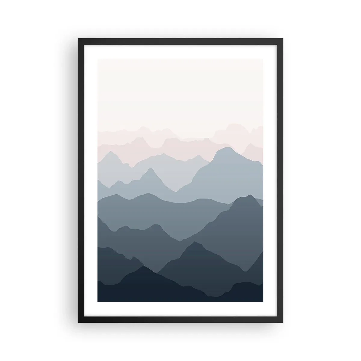 Pôster com moldura preta - Cadeias de montanhas em camadas em tons de azul e cinza - 50x70cm - Ondas de montanha - Decoração de parede moderna para a sala de estar e quarto ARTTOR