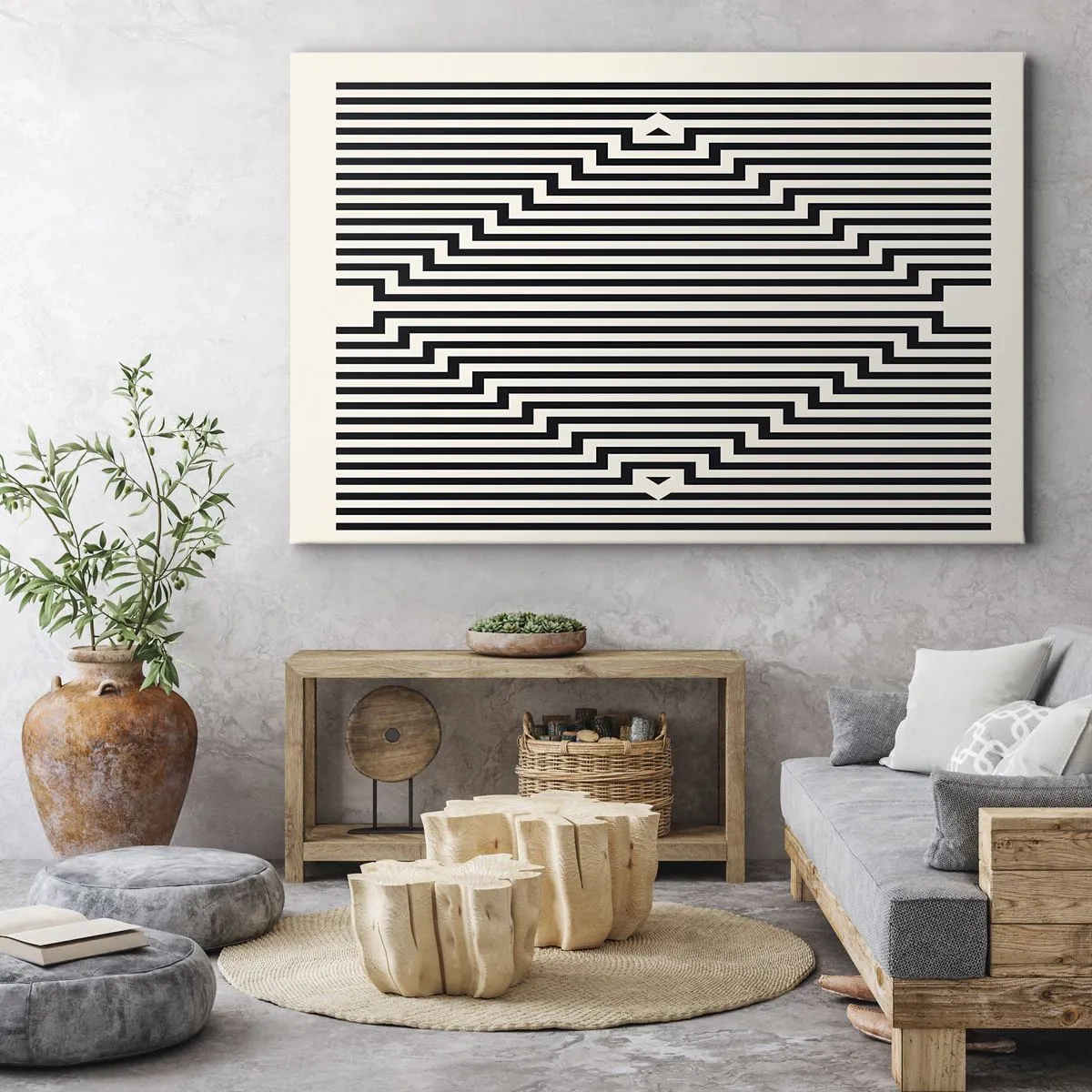 Quadro em tela - Linhas pretas e brancas criando um efeito de ilusão geométrica - 70x50cm - Ilusão geométrica - Decoração de parede moderna para a sala de estar e quarto ARTTOR