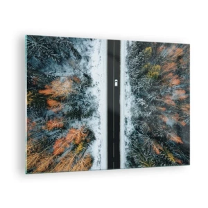 Quadro em vidro - Uma estrada de inverno através de uma floresta coberta de neve com árvores coloridas - 70x50cm - Cortar a floresta no inverno - Decoração de parede moderna para a sala de estar e quarto ARTTOR