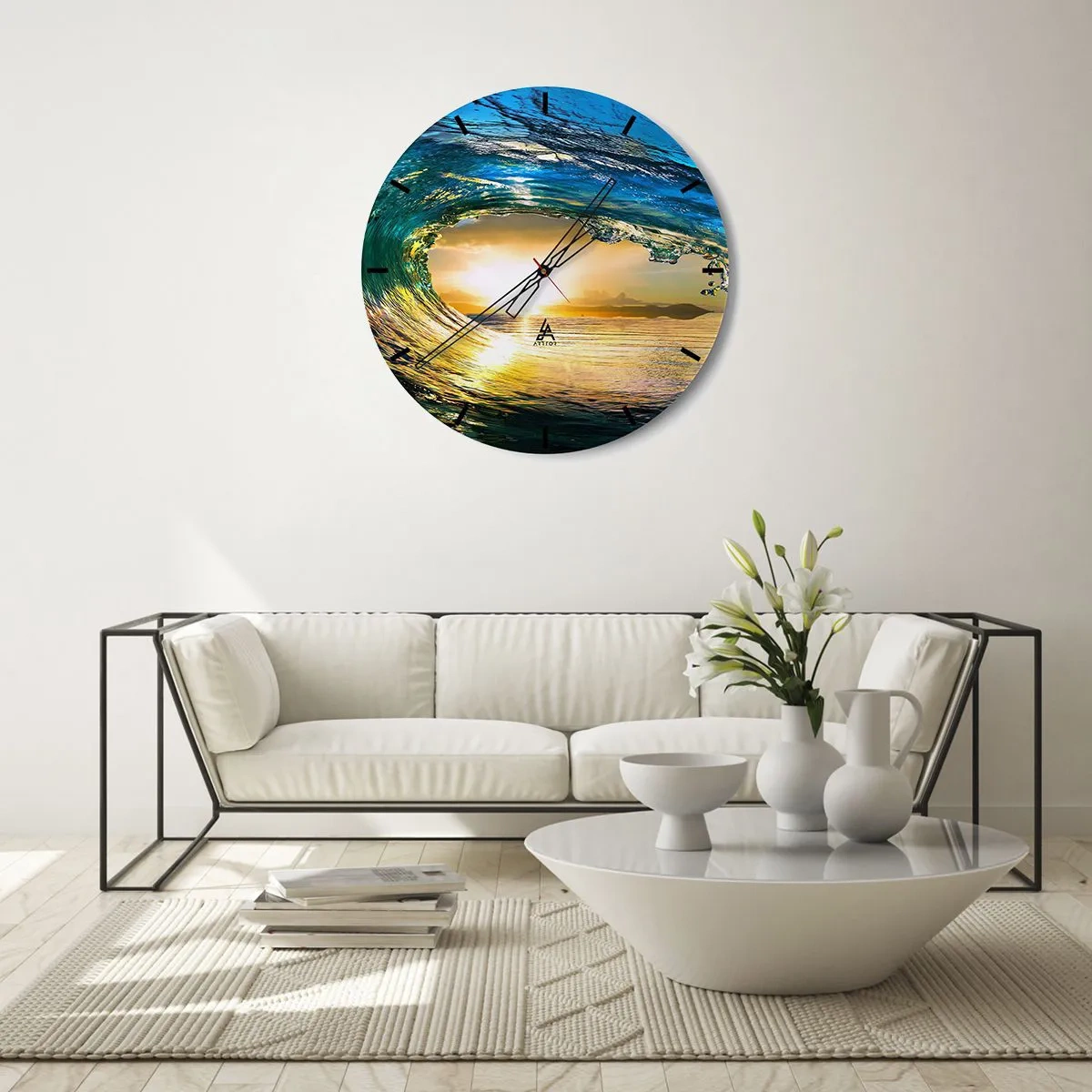 Relógio de parede - Relógio em vidro - Onda do mar à luz do pôr do sol - 30x30cm - Em cristal esmeralda dourado - Decoração de parede moderna para a sala de estar, cozinha e quarto ARTTOR