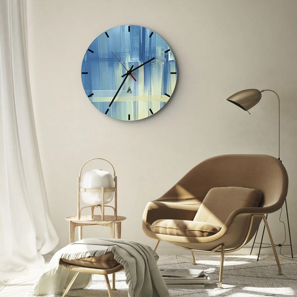 Relógio de parede - Relógio em vidro - Abstração azul e bege na técnica de pincelada - 30x30cm - Composição em turquesa - Decoração de parede moderna para a sala de estar, cozinha e quarto ARTTOR