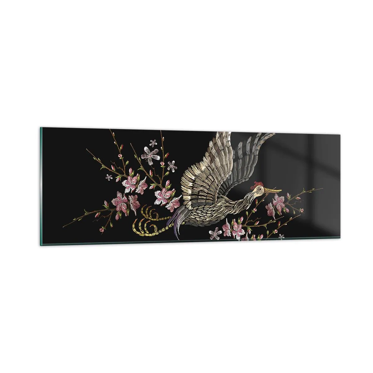 Quadro em vidro - Pássaro exótico e bordado - 90x30 cm