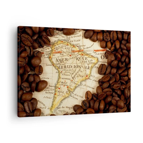 Quadro em tela - Um mapa da América do Sul cercado por grãos de café. - 70x50cm - De onde vem o melhor café? - Decoração de parede moderna para a sala de estar e quarto ARTTOR