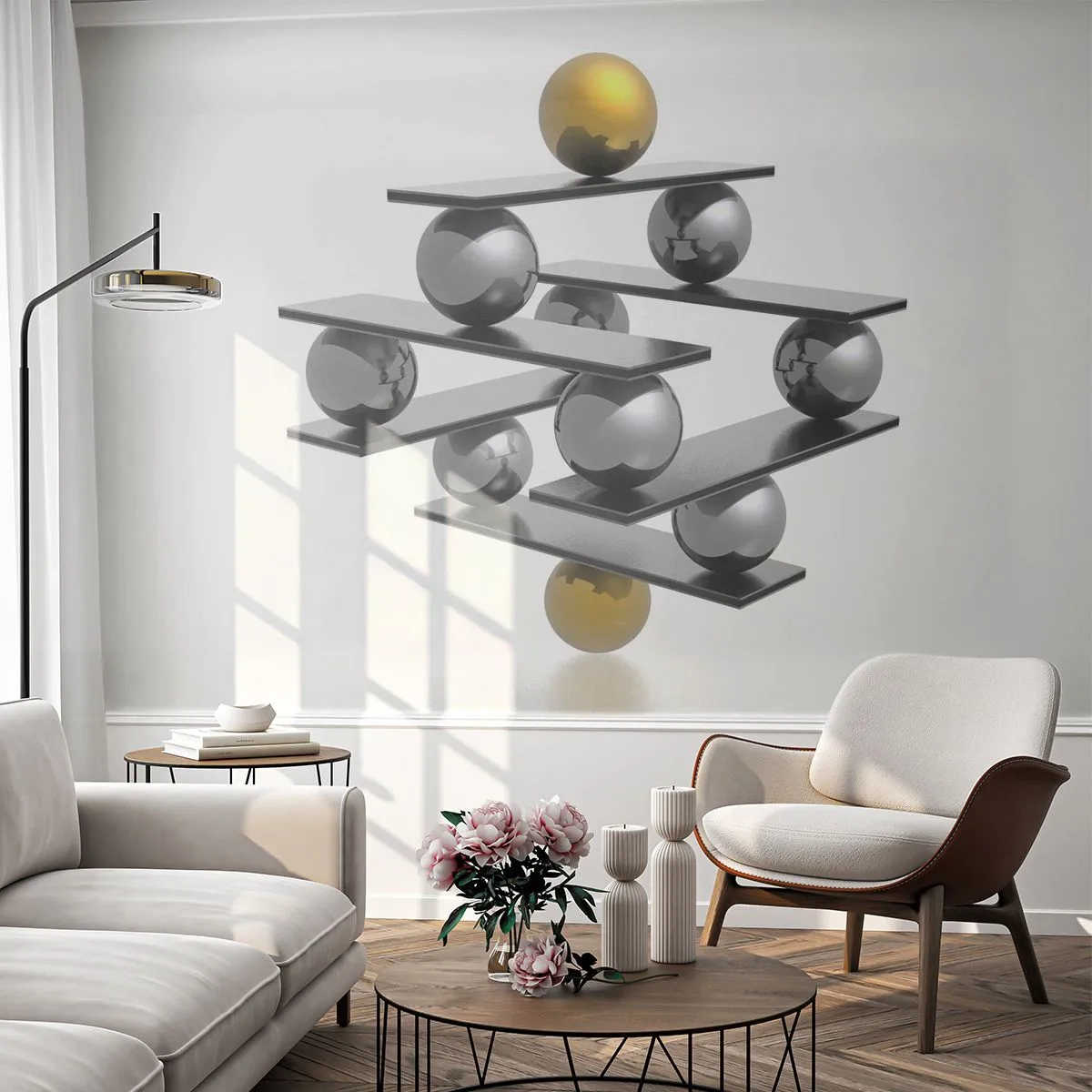 Papel de Parede Autocolante Deluxe Sticker - Equilíbrio de ouro e prata - Abstração, Bolas Metálicas, 3D - 250x175 cm