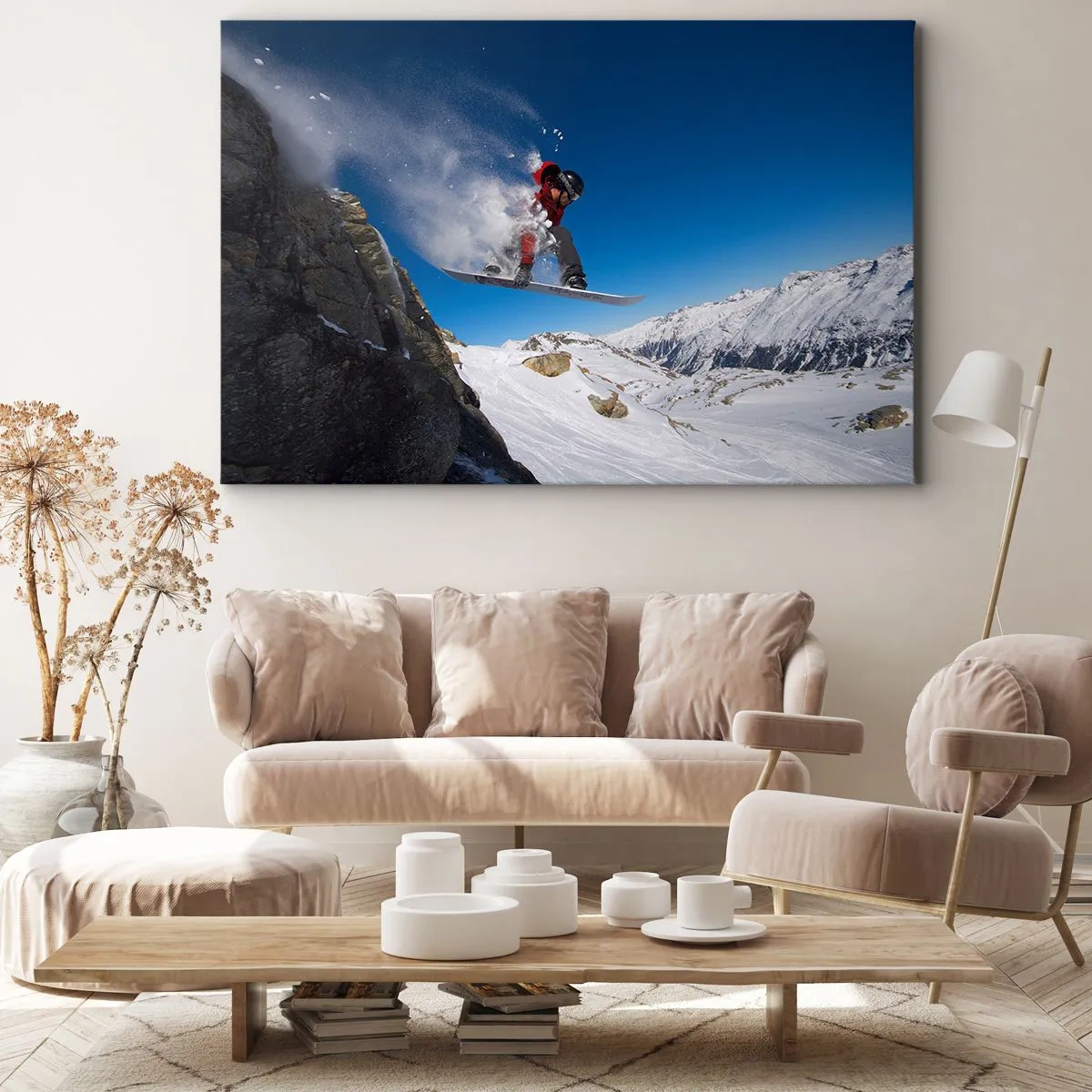 Quadro em tela - Um snowboarder salta de uma rocha em uma paisagem montanhosa - 70x50cm - E tornou-se parte do espaço - Decoração de parede moderna para a sala de estar e quarto ARTTOR