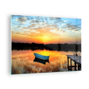Quadro em vidro - Um barco em um lago calmo sob os raios do sol poente - 70x50cm - Olhe, ouça, medite - Decoração de parede moderna para a sala de estar e quarto ARTTOR