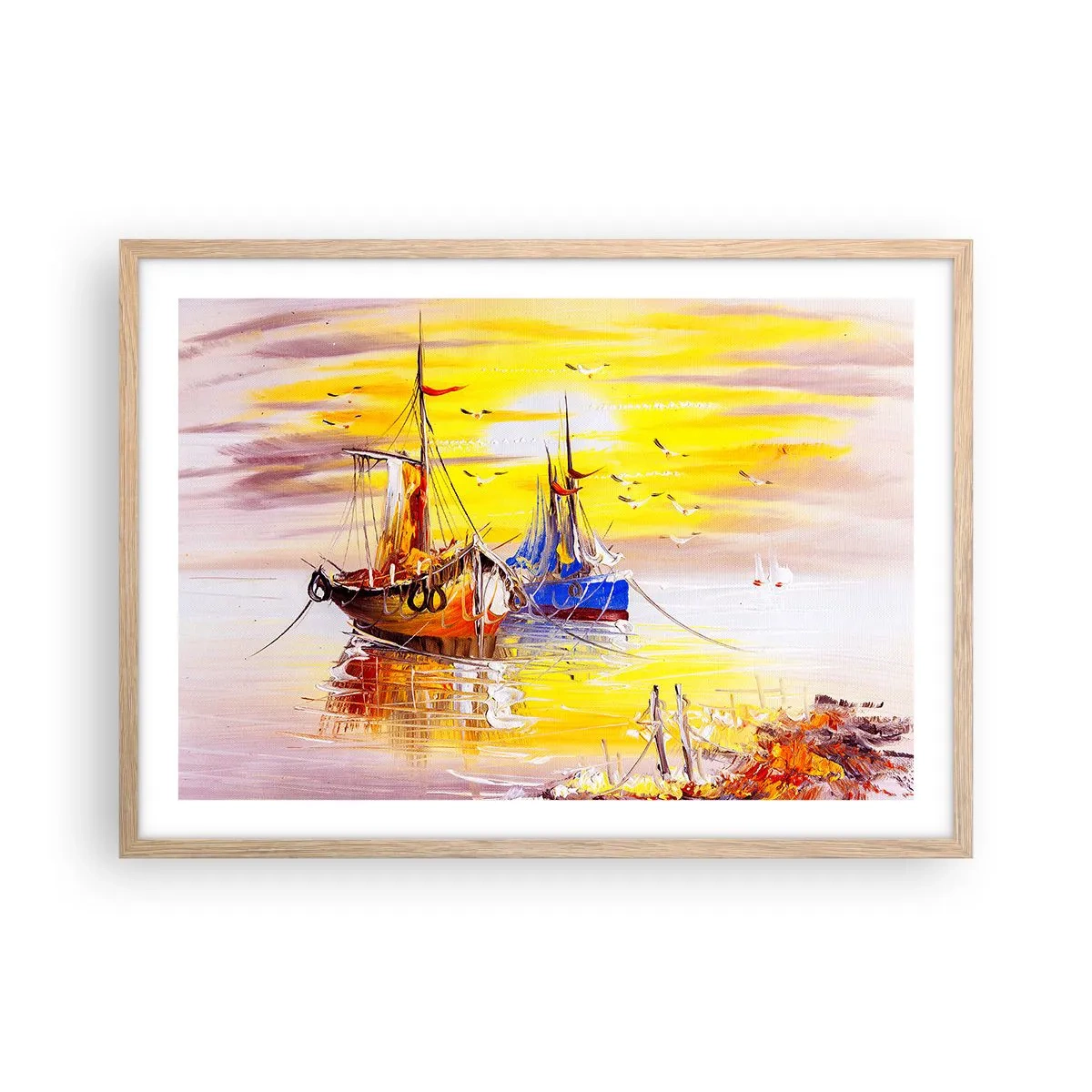 Pôster com moldura de carvalho claro - Um merecido descanso no porto - 70x50 cm