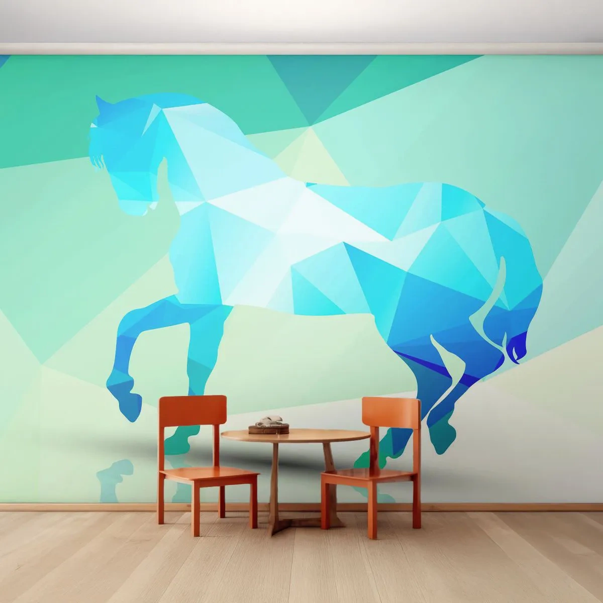 Papel de Parede Autocolante Deluxe Sticker - Cavalo geométrico em turquesa - Animais, Cavalo, Figura Geométrica - 250x175 cm