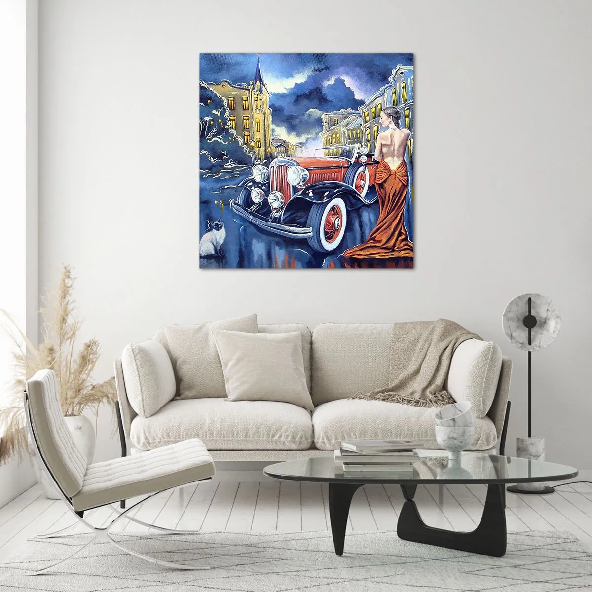 Quadro em vidro - Música instrumental em azul e coral - 50x50 cm