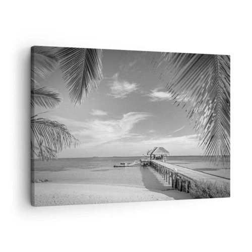 Quadro em tela - Praia preta e branca com píer e palmeiras em uma costa tropical - 70x50cm - Memória ou sonho? - Decoração de parede moderna para a sala de estar e quarto ARTTOR