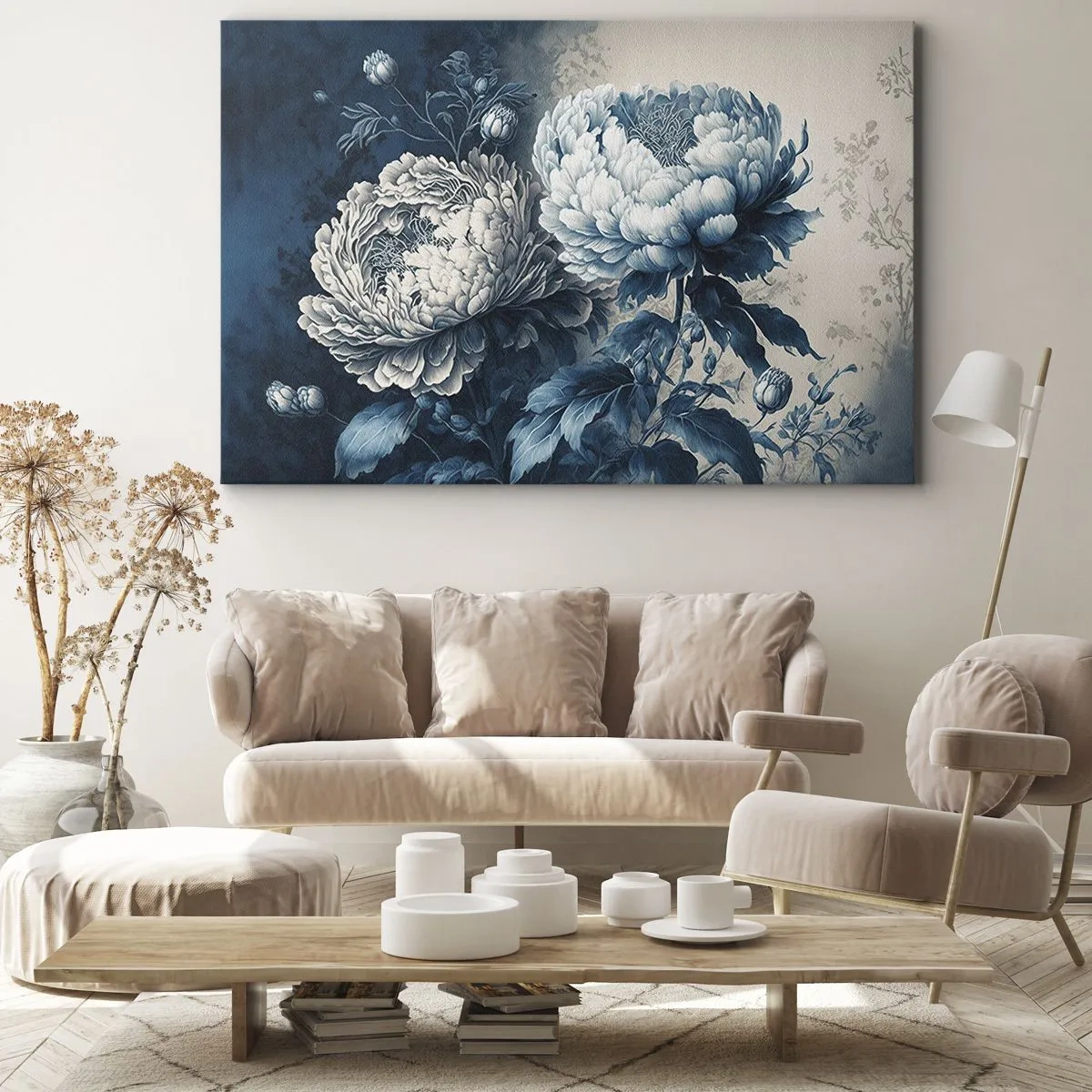 Quadro em tela - Peônias azuis em um fundo sutil com um padrão delicado - 70x50cm - Casal que combina - Decoração de parede moderna para a sala de estar e quarto ARTTOR