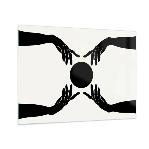 Quadro em vidro - Mãos pretas ao redor de um círculo preto em um fundo claro - 70x50cm - Sinal secreto - Decoração de parede moderna para a sala de estar e quarto ARTTOR