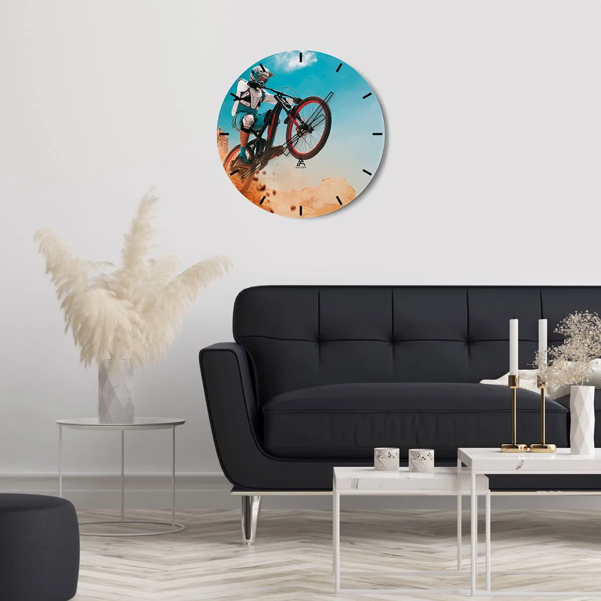 Relógio de parede - Relógio em vidro - Um ciclista de montanha fazendo um salto - 30x30cm - Loucura demoníaca da bicicleta - Decoração de parede moderna para a sala de estar, cozinha e quarto ARTTOR