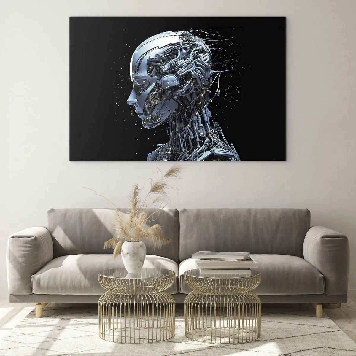 Quadro em vidro - Perfil de um robô feminino com fios e mecanismos - 70x50cm - A tecnologia é uma mulher - Decoração de parede moderna para a sala de estar e quarto ARTTOR