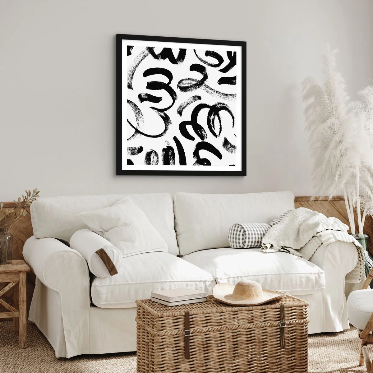 Pôster com moldura preta - Preto sobre branco - 50x50 cm