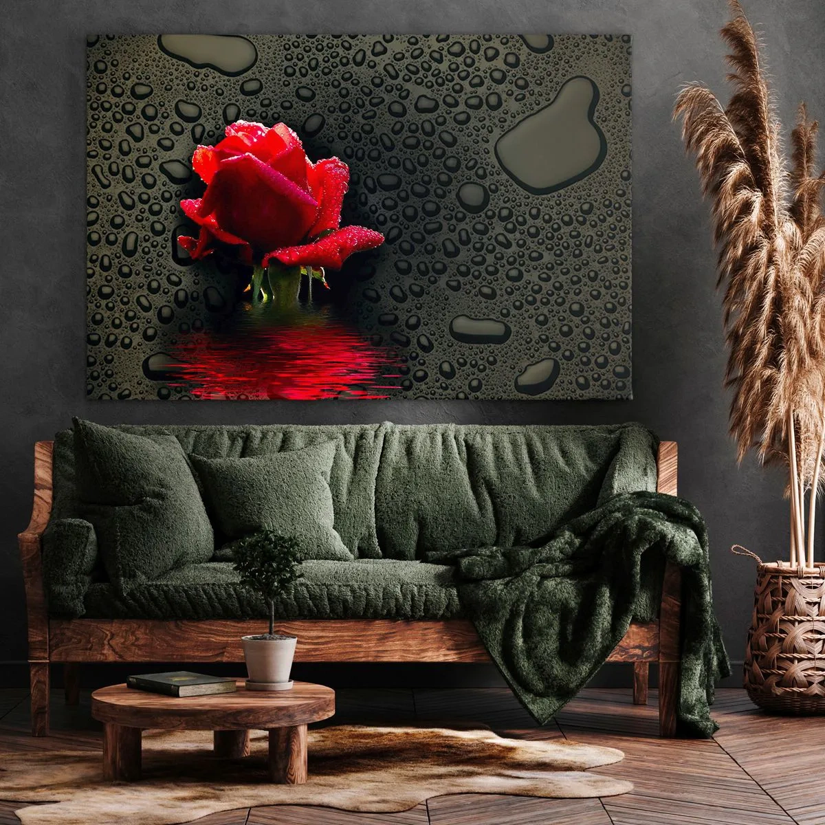 Quadro em tela - Rosa vermelha com gotas de água em um fundo escuro - 70x50cm - Vermelho e preto - Decoração de parede moderna para a sala de estar e quarto ARTTOR