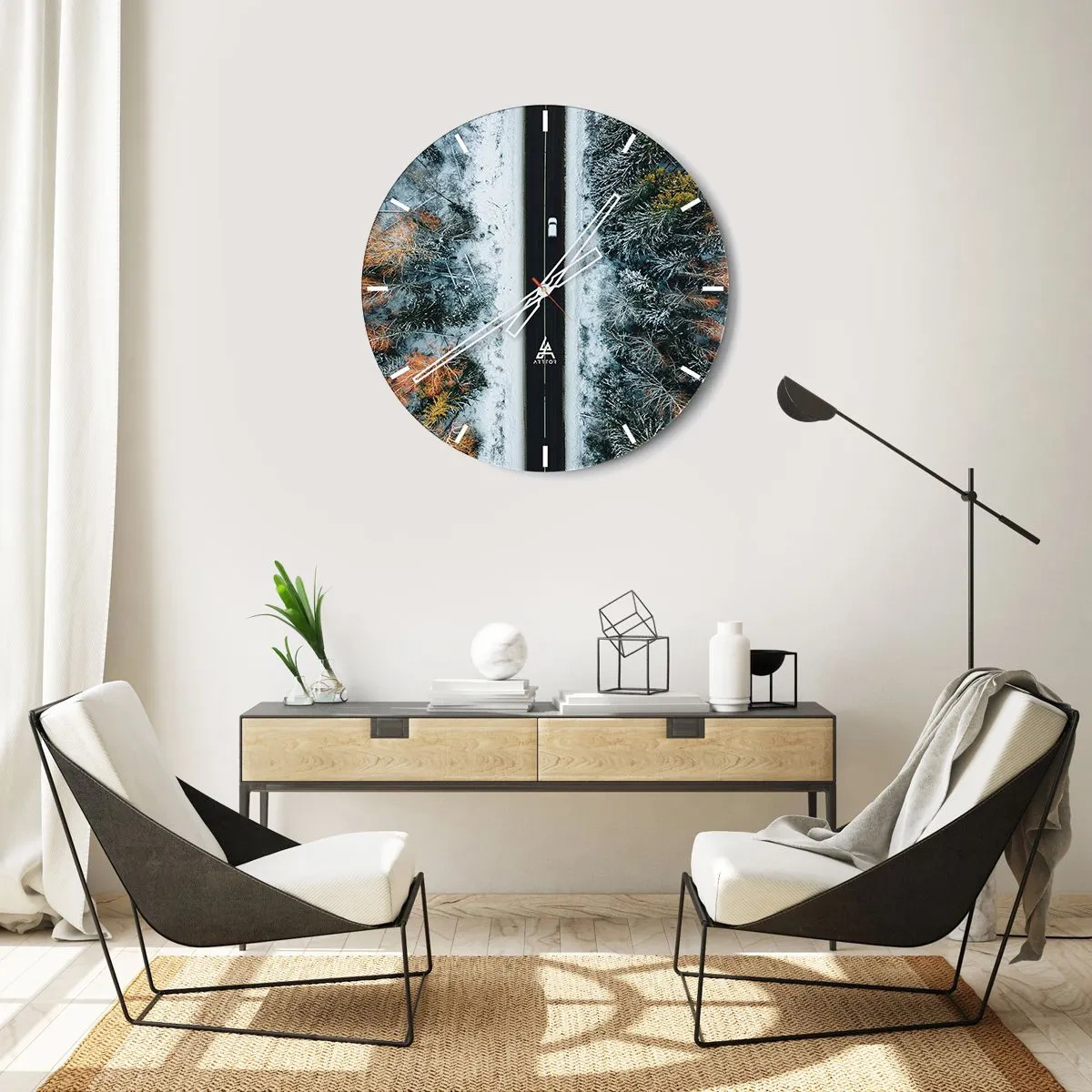 Relógio de parede - Relógio em vidro - Cortar a floresta no inverno - 40x40 cm