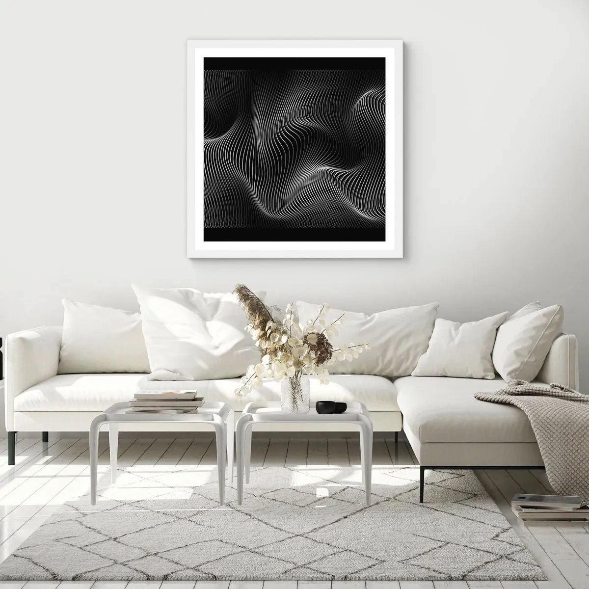 Pôster em moldura branca - Dança de luz no espaço - 60x60 cm