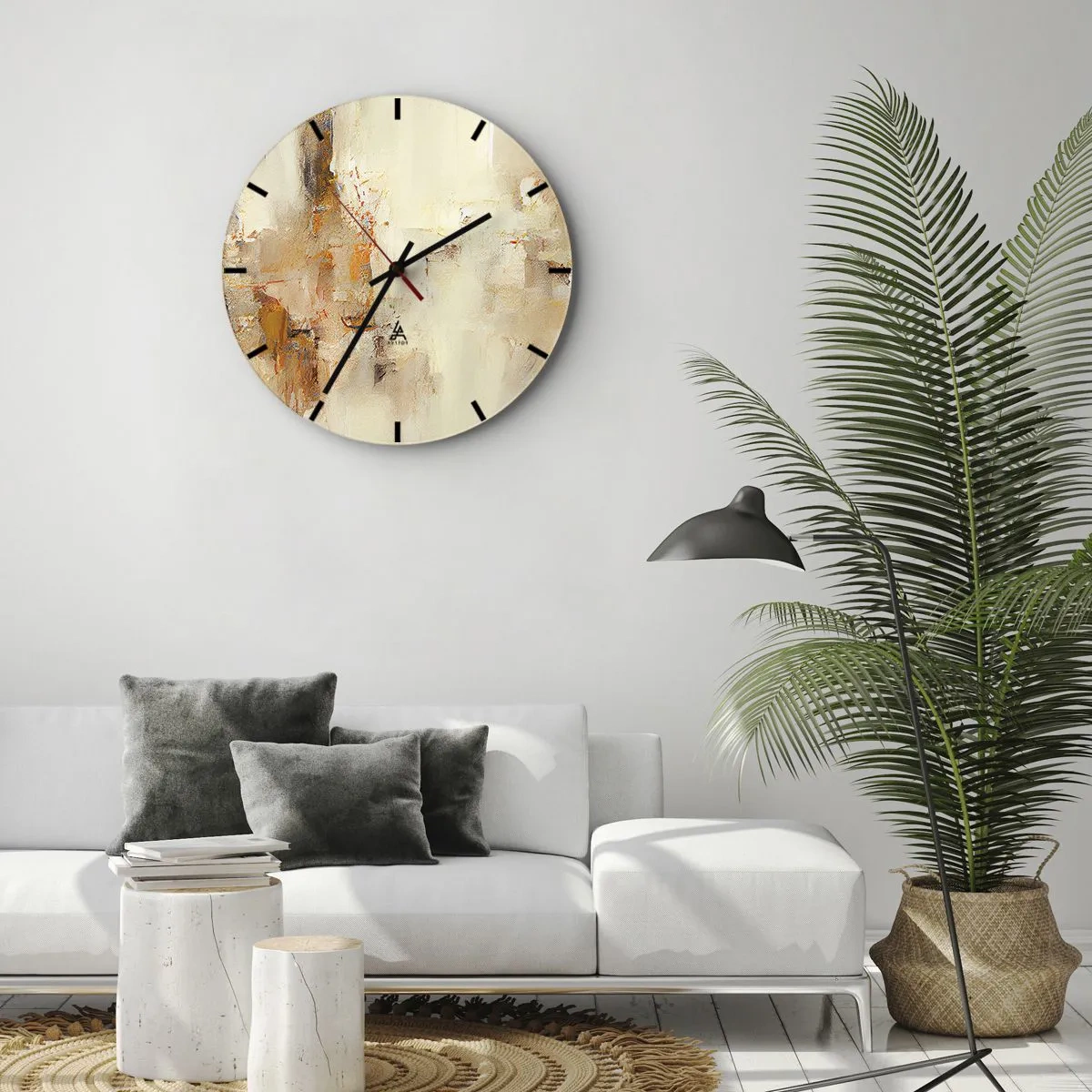 Relógio de parede - Relógio em vidro - Uma composição abstrata em tons de bege e laranja. - 30x30cm - Alma de âmbar - Decoração de parede moderna para a sala de estar, cozinha e quarto ARTTOR