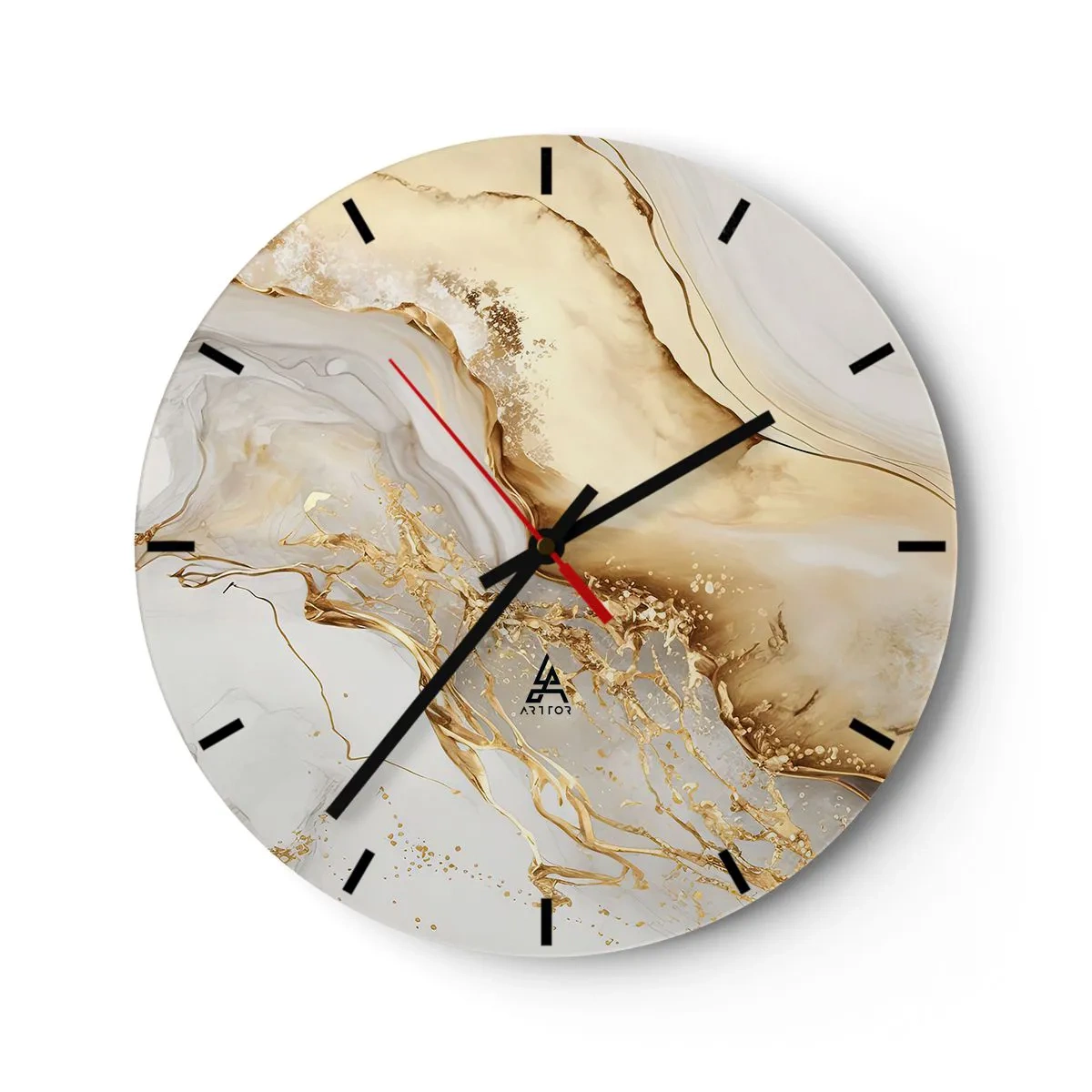Relógio de parede - Relógio em vidro - Respingo abstrato dourado em um fundo bege e branco - 30x30cm - Abstração: beleza e bondade - Decoração de parede moderna para a sala de estar, cozinha e quarto ARTTOR