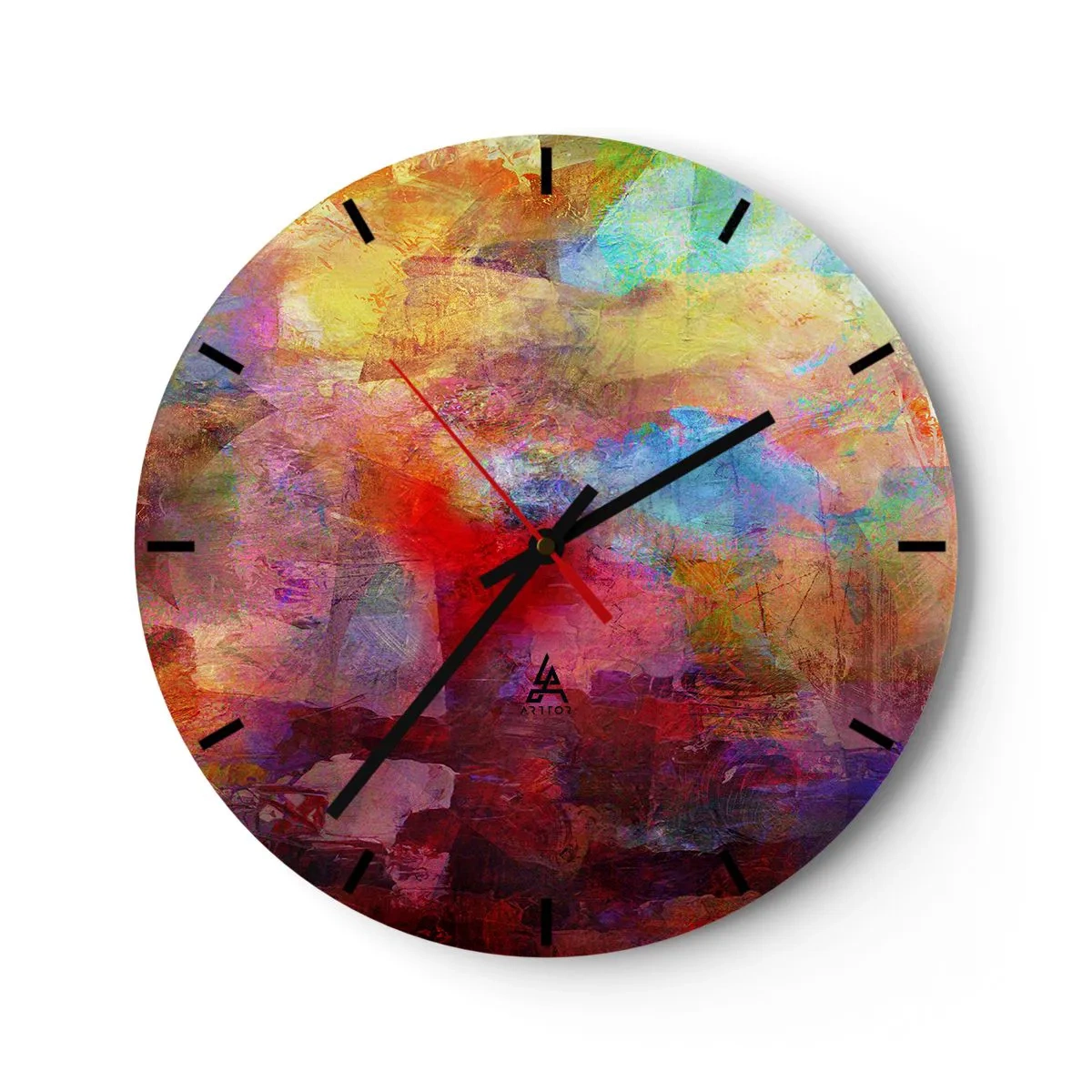Relógio de parede - Relógio em vidro - Uma composição abstrata em cores intensas com predominância do vermelho - 30x30cm - Olhe para dentro do arco-íris - Decoração de parede moderna para a sala de estar, cozinha e quarto ARTTOR