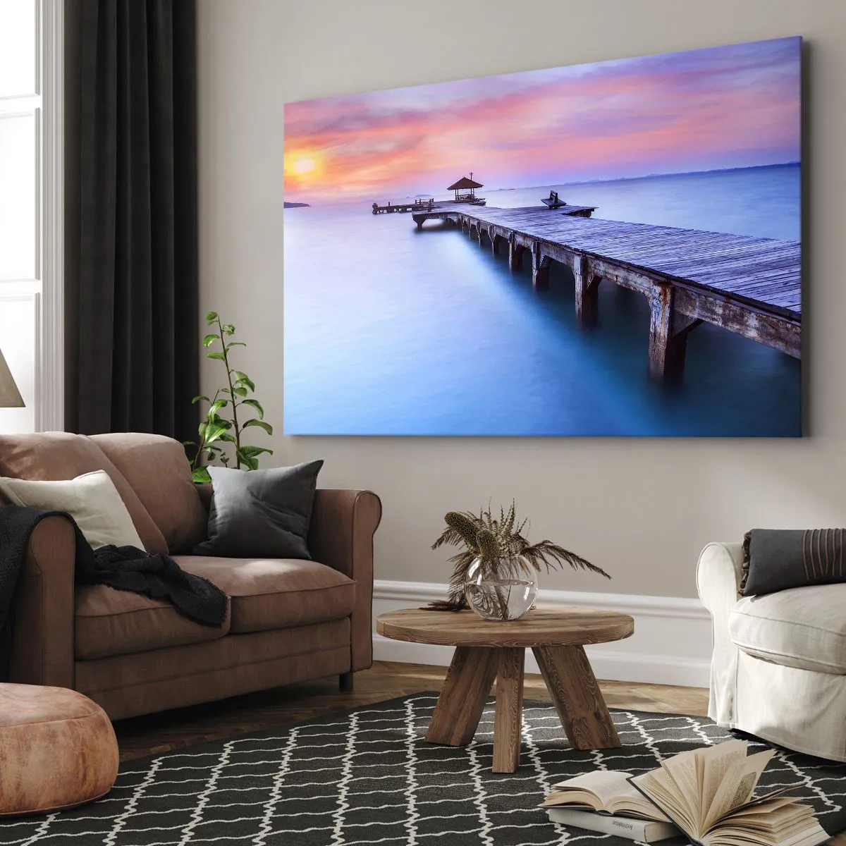 Quadro em tela - Píer de madeira que leva à água durante o pôr do sol - 70x50cm - Um mar de paz no horizonte - Decoração de parede moderna para a sala de estar e quarto ARTTOR