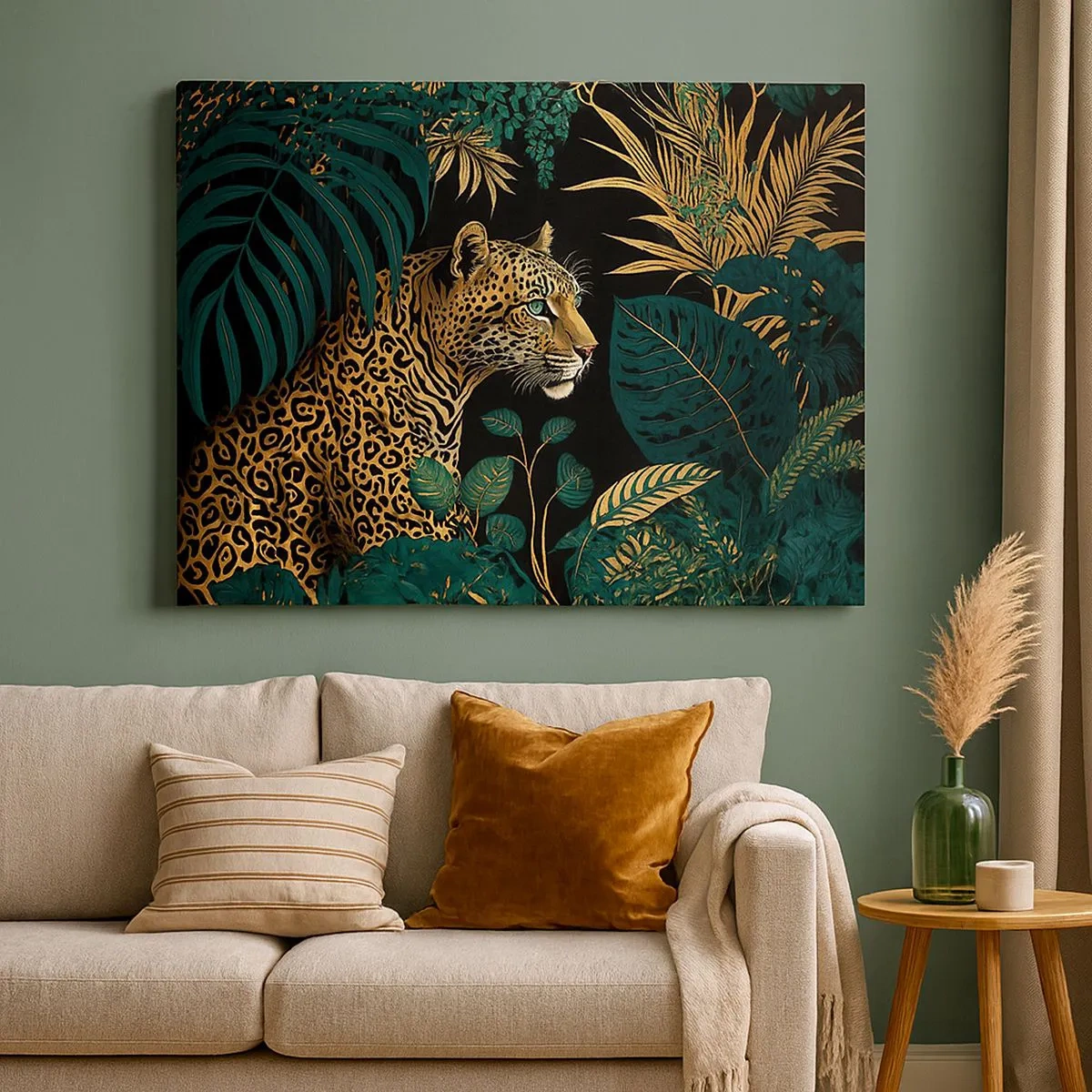 Quadro em tela - Leopardo em folhas tropicais em um fundo preto - 70x50cm - Um anfitrião na selva - Decoração de parede moderna para a sala de estar e quarto ARTTOR