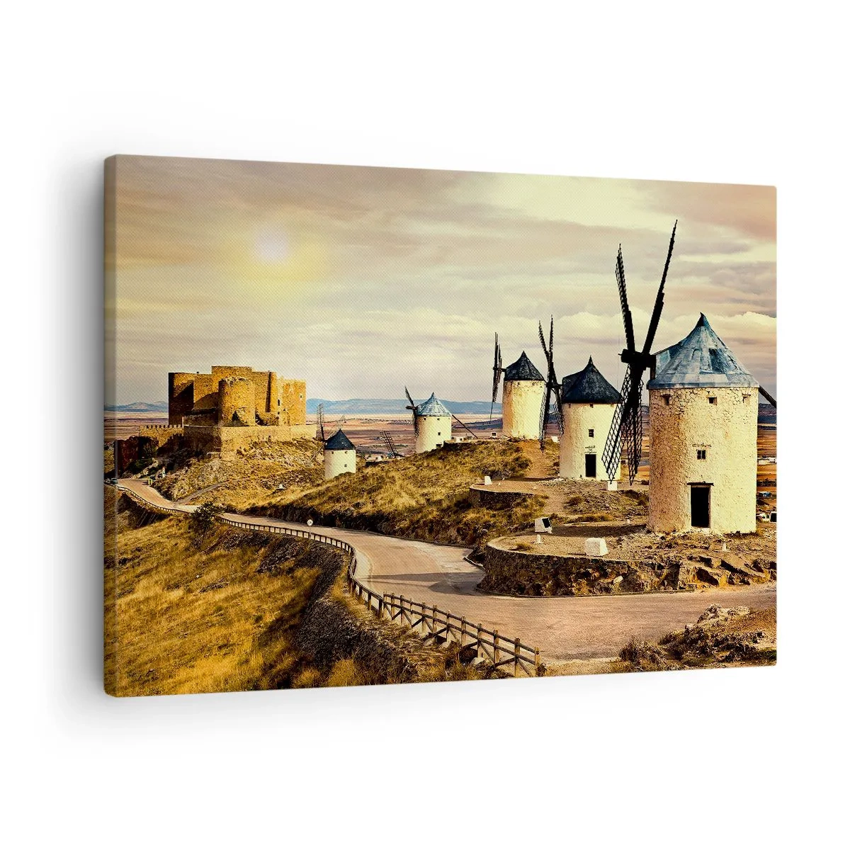 Quadro em tela - Moinhos de vento nas colinas com um castelo histórico ao fundo - 70x50cm - Dom Quixote está prestes a aparecer - Decoração de parede moderna para a sala de estar e quarto ARTTOR