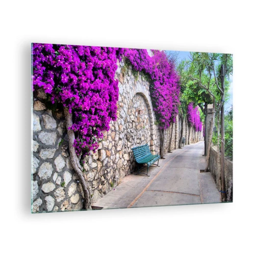 Quadro em vidro - Um muro de pedra com flores roxas e um banco ao longo do caminho - 70x50cm - Vamos encontrar-nos o mais depressa possível - Decoração de parede moderna para a sala de estar e quarto ARTTOR