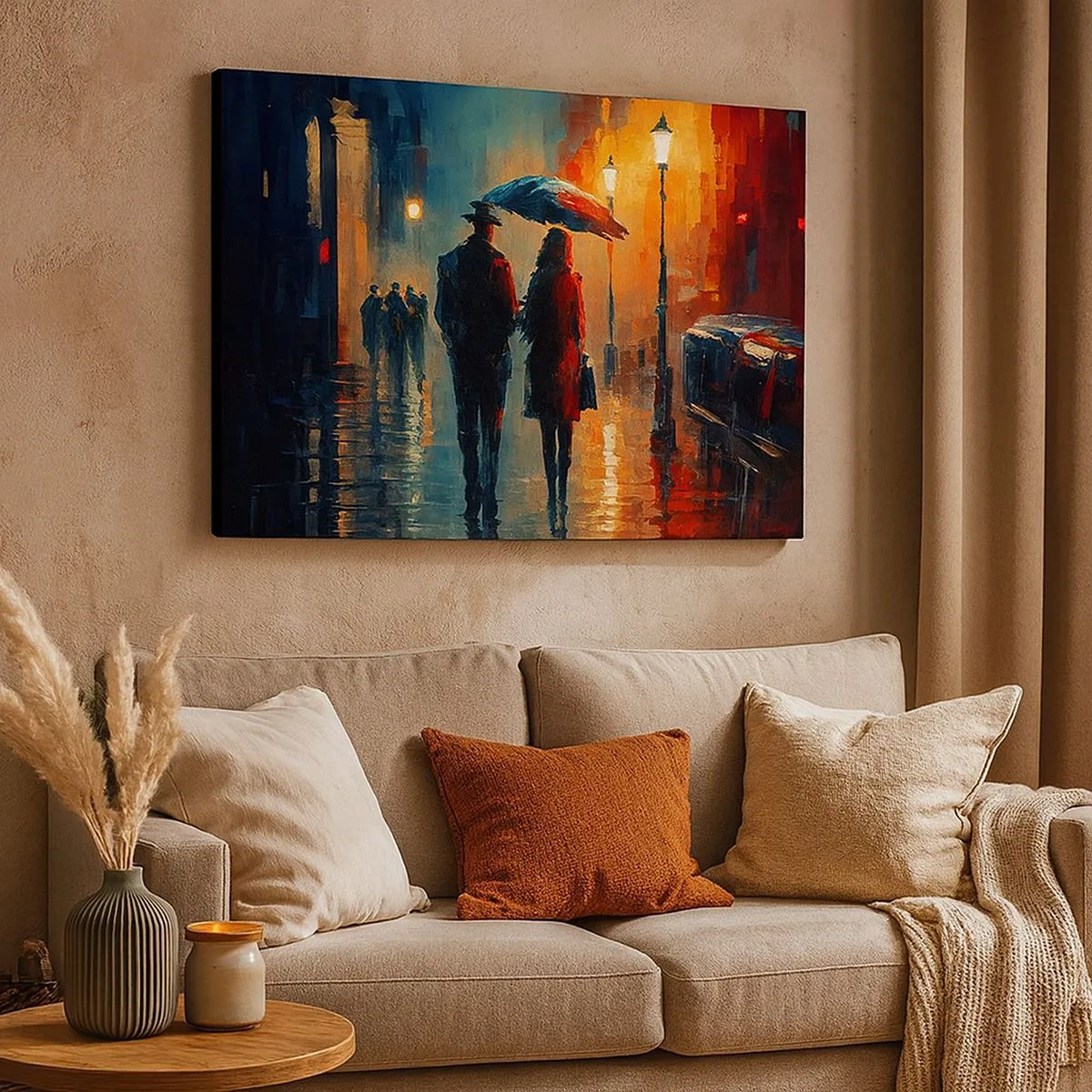 Quadro em tela - Caminhando na chuva sob um guarda-chuva na cidade à noite - 70x50cm - História de amor urbano - Decoração de parede moderna para a sala de estar e quarto ARTTOR