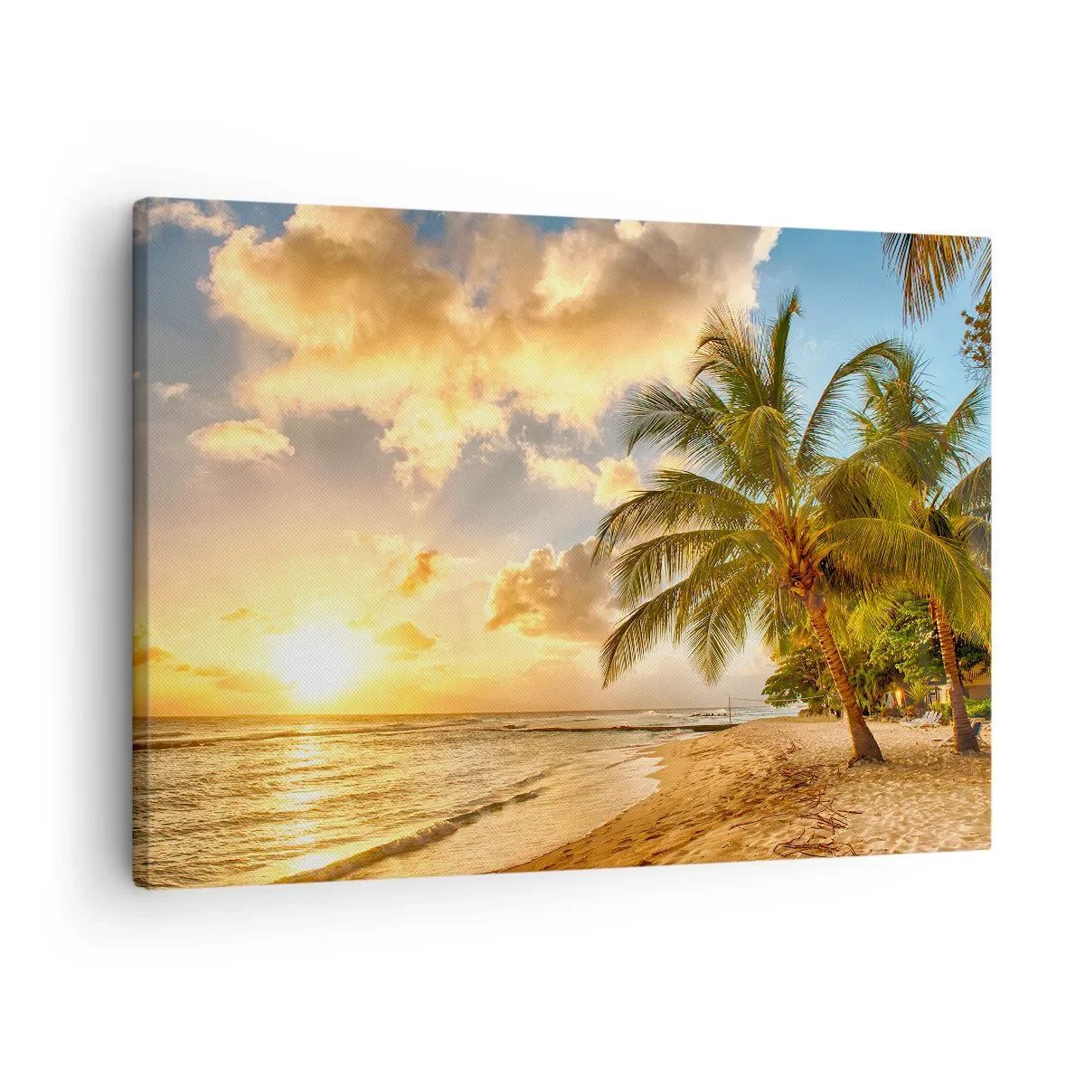 Quadro em tela - Praia com palmeiras e pôr do sol sobre o oceano - 70x50cm - Eterno verão, férias eternas - Decoração de parede moderna para a sala de estar e quarto ARTTOR