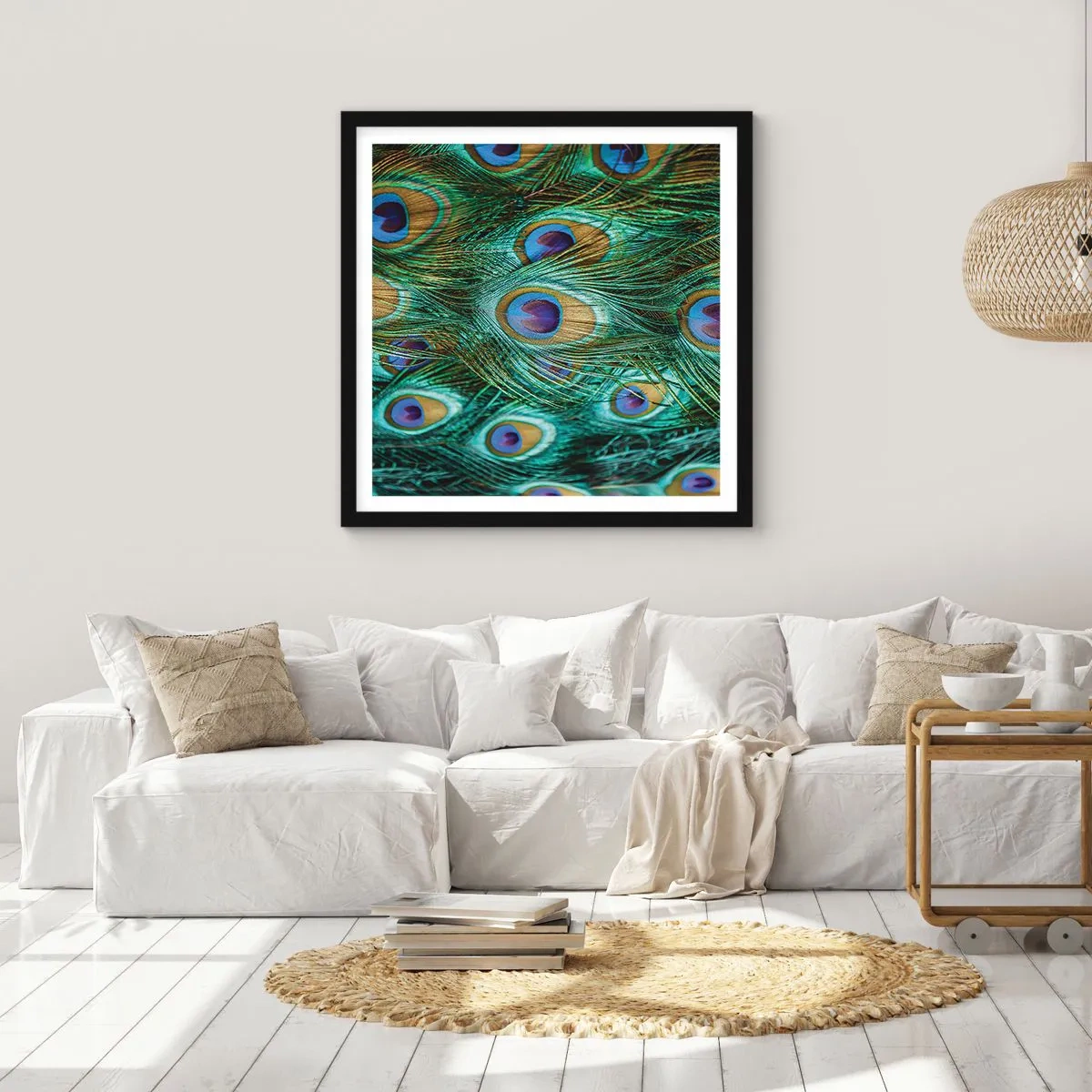 Pôster com moldura preta - Um olhar de pavão - 40x40 cm