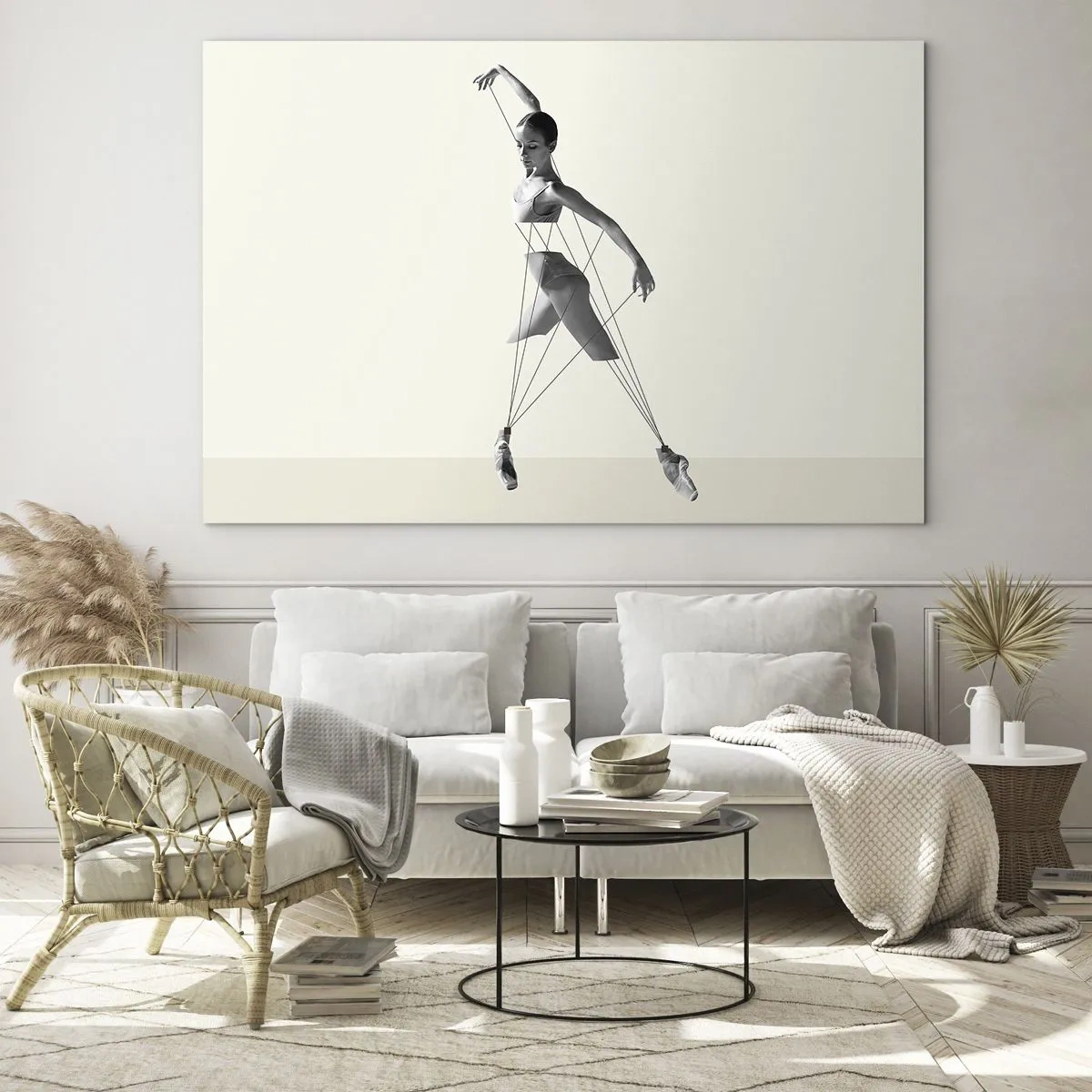 Quadro em vidro - Silhueta preta e branca de uma bailarina com um motivo de linha geométrica - 70x50cm - No teatro do mundo - Decoração de parede moderna para a sala de estar e quarto ARTTOR
