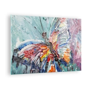 Quadro em vidro - Borboleta colorida em estilo abstrato sobre fundo azul - 70x50cm - Pintado pela natureza - Decoração de parede moderna para a sala de estar e quarto ARTTOR
