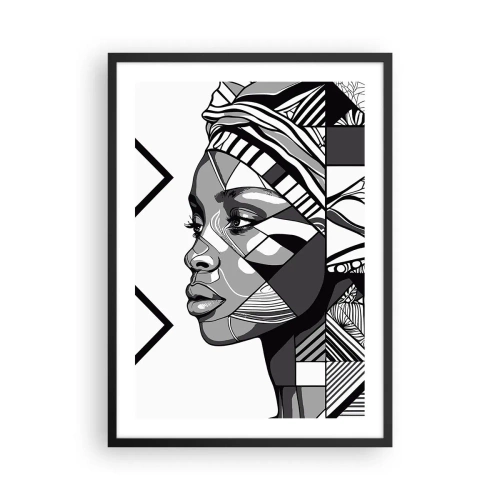 Pôster com moldura preta - Retrato geométrico de uma mulher em preto e branco - 50x70cm - Retrato étnico - Decoração de parede moderna para a sala de estar e quarto ARTTOR