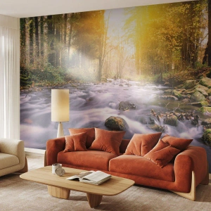 Papel de Parede Premium Canvas - Malaquita em um cenário de ouro e prata - Paisagem, Córrego da montanha, Floresta - 200x140 cm