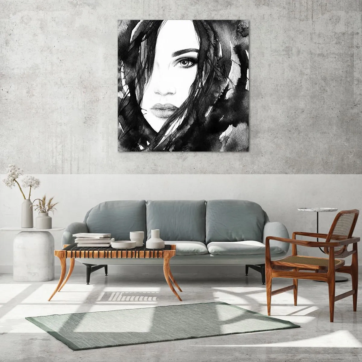 Quadro em vidro - Retrato de uma dama a preto e branco - 70x70 cm