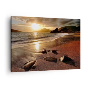 Quadro em tela - Praia ao pôr do sol com pedras na costa - 70x50cm - Siga o sol em direção às colinas - Decoração de parede moderna para a sala de estar e quarto ARTTOR