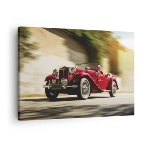 Quadro em tela - Carro clássico vermelho em movimento em uma rua ensolarada - 70x50cm - Mais bonita que a Vitória de Samotrácia - Decoração de parede moderna para a sala de estar e quarto ARTTOR