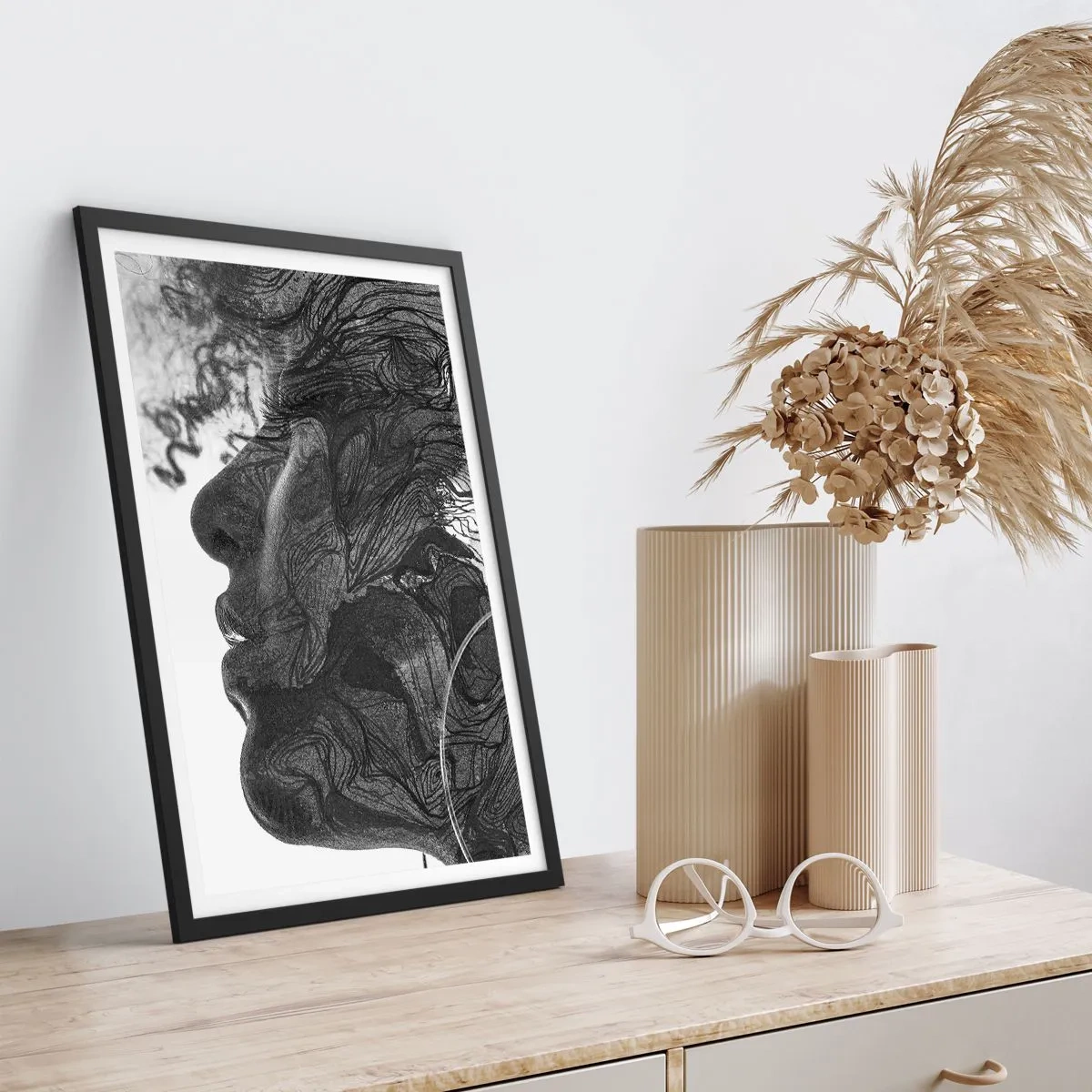 Pôster com moldura preta - Perfil de rosto feminino com padrões e detalhes abstratos - 50x70cm - Entrelaçados em sonhos - Decoração de parede moderna para a sala de estar e quarto ARTTOR