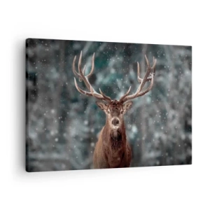 Quadro em tela - Veados em uma floresta de inverno com neve caindo - 70x50cm - O rei coroado da floresta  - Decoração de parede moderna para a sala de estar e quarto ARTTOR